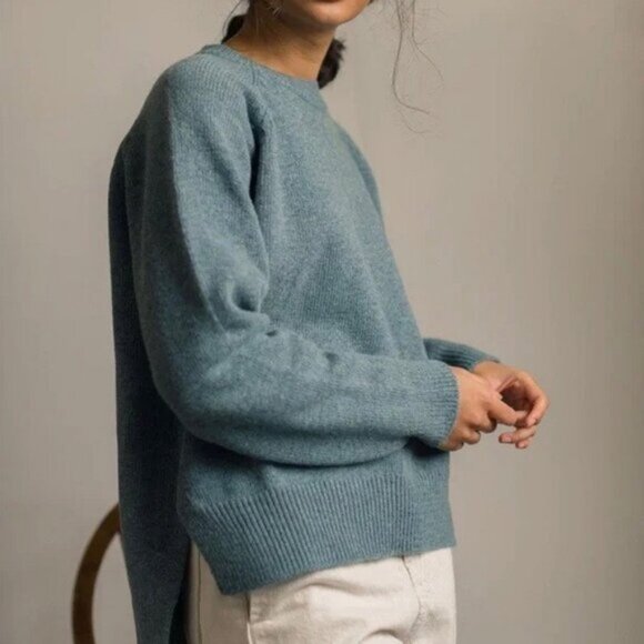 Olive Blue Unbalanced Crew Neck Wool Blend Sweater M/L - Picture 2 of 10